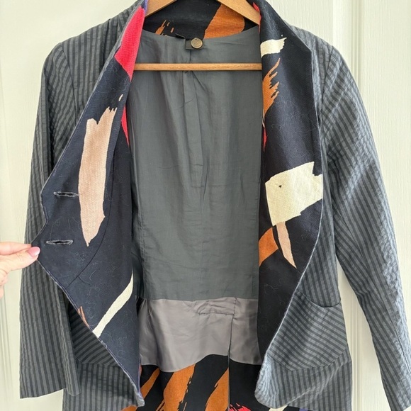 Feral Childe Asymmetrical Pinstripe Blazer Small Tailcoat Abstract Art To Wear - Picture 2 of 7